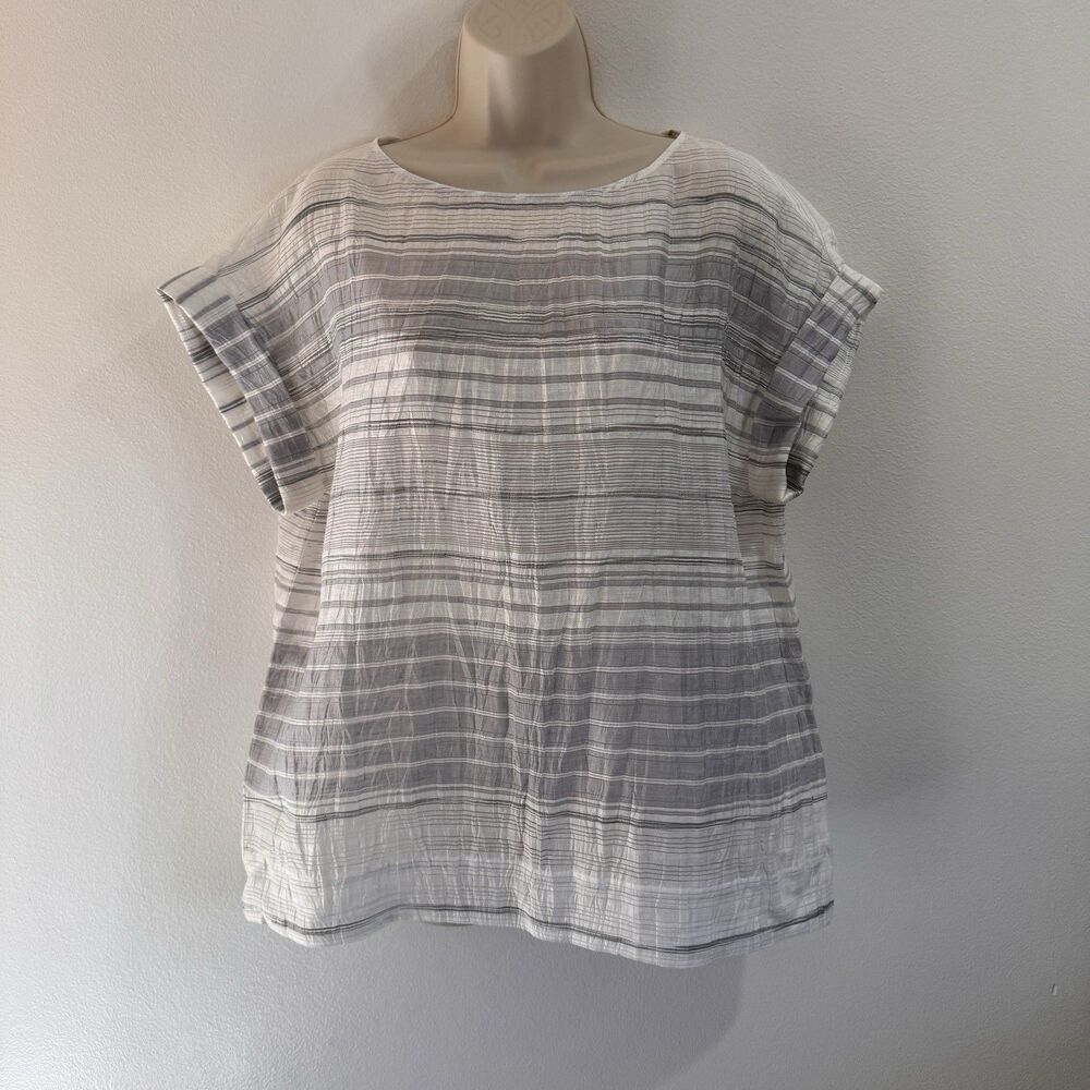 NWT Lafayette 148 New York Shirt Blouse S $348 Linen Blend White Gray Striped